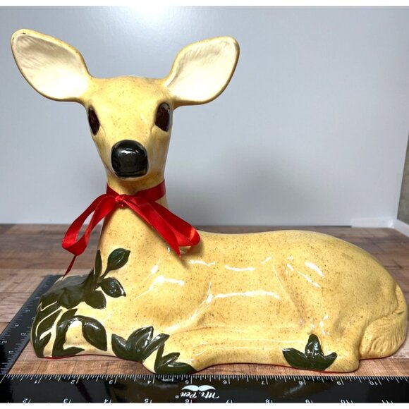 Vintage Ceramic Fawn Figurine With Red Ribbon & Leaf Design  12.5" Length Large - Picture 1 of 6